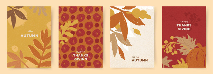Autumn vector set of templates for cards and backgrounds. Seasonal fall illustrations with leaves, pumpkin, berries, botanical elements for poster, greeting card, cover, print, wall art 