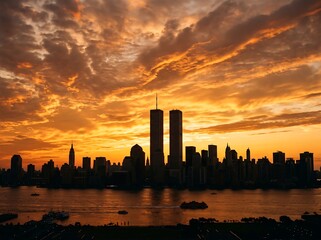 Dramatic sunset over new york city skyline with twin towers silhouette