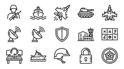 Set of military and defense icons featuring soldiers vehicles and tactical equipment