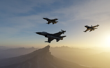 Fighter Jets in Formation Over Mountains at Sunset - Military Aircraft 3D Rendering