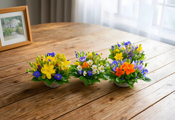 Spring floral arrangements for home decor and celebration, colorful potted flowers on a rustic wooden table indoors