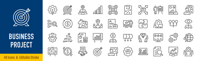 Business Project line icon set in editable stroke style. Project management, planning, strategy, workflow, tasks, timeline, deadline, teamwork, goals, progress, budget, resources, collection. Vector