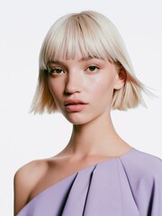 Close-up portrait of a young woman with short blonde bob haircut and bangs, wearing a stylish lavender top, studio lighting.