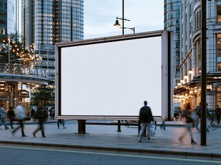 Empty billboard in busy city street at dusk