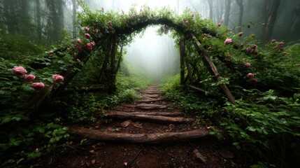 This enchanting forest path, adorned with a floral arch, invites viewers into a mystical realm enveloped in soft mist, creating an atmosphere of tranquility and wonder.