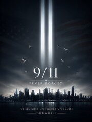 9/11 September 11 Memorial Poster with Tribute in Light, New York Skyline and Never Forget