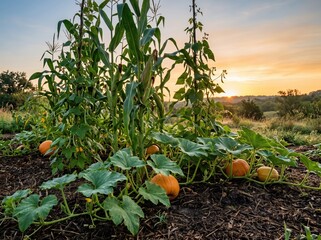 Pumpkin patch with corn stalks and climbing beans at sunrise for indigenous agriculture poster and seasonal farm background