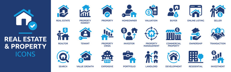 Real Estate and Property Investment Icons Set. Property Market, Realtor, Homeowner, Valuation, Investor, Tenant, Landlord, Residential and Commercial Property Solid Vector Icons Collection