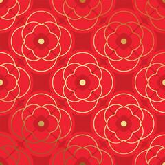 Chinese New Year seamless pattern vector with elegant gold geometric floral lattice ornaments on red background for festive Asian decoration and packaging.