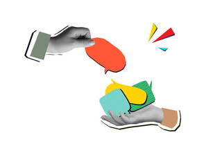 One hand gives the other a red speech bubble - communication concept. Modern photo collage style. Illustration on a transparent background