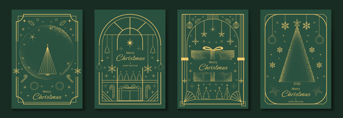 Merry Christmas and Happy New Year luxury vector card set with elegant gold line art, Christmas trees, gifts, ornaments and festive frames on dark green background.