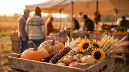 Cozy autumn home with harvest display of pumpkins and sunflowers 