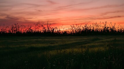 Silhouetted wild grasses and small wildflowers line the horizon against a vivid red to coral sunset sky over a dark meadow landscape
