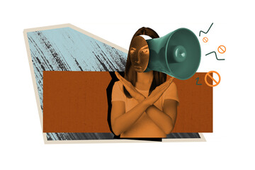 Creative collage picture young girl activist loudspeaker bullhorn announce pretense face weird concept demonstration discrimination rights