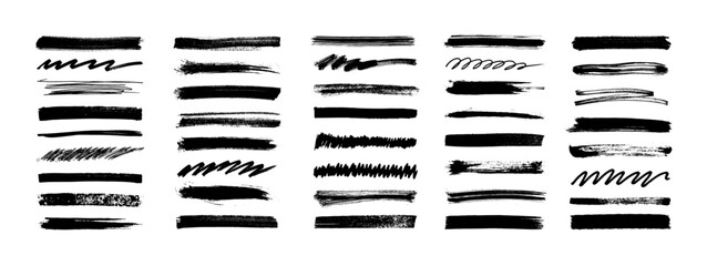 Set of bold dried brush strokes on white background. Hand drawn ink lines, textured paint smears, scribbles and zigzag underlines. Brush strokes, stencil silhouettes. Vector set - acrylic textures