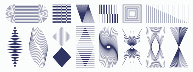 Abstract geometric line elements set. Vector blue striped shapes, arrows, triangles, circles and optical forms for modern posters, branding, editorial layouts and graphic design