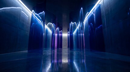 futuristic glass corridor luminous waves blue violet reflective architecture immersive A polished gallery corridor with luminous waves suited to architecture promotion and interior campaigns