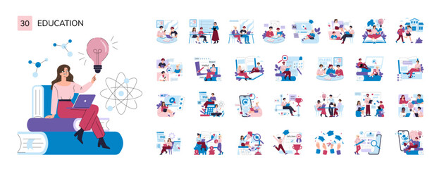 Education set with student learning online and school scenes