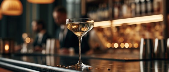 Sophisticated nightlife indulgence a crystal coupe glass rests on a sleek marble bar, bathed in warm golden bokeh. Bartender blurred behind. Perfect for premium hospitality, cocktail.