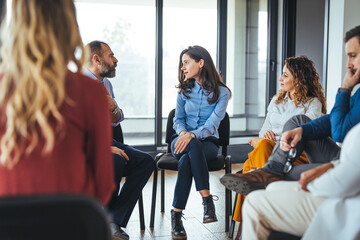 Business Group Meeting In Office Circle Discussing Ideas And Teamwork During Professional Workshop
