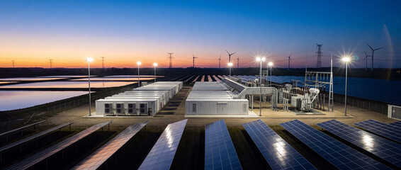 Battery storage system at solar farm with industrial container units, high-voltage electrical substation, wind turbines, and photovoltaic panels during scenic sunset twilight
