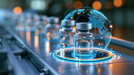 Global healthcare logistics concept, sterile injectable drug bottles traveling on conveyor, holographic international shipping network, defocused pharmaceutical distribution, with
