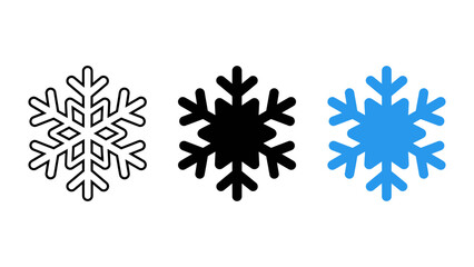 Set of three snowflake icons in different styles, including outline, solid black, and blue flat design, perfect for winter and holiday season graphics