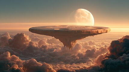 Surreal Floating Island City Above Clouds at Sunset.