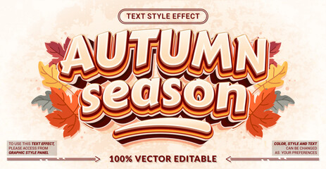 Autumn Season 3D editable text effect vector template with fall leaves background for seasonal sale banners, posters, Thanksgiving, and festival graphics. Fully customizable graphic style.