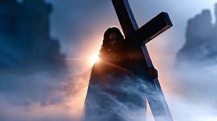 Jesus christ is carrying the wooden cross on his shoulder, walking through a spiritual light and atmospheric fog, representing sacrifice, faith, and the path to redemption