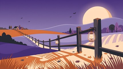 A serene pixel art landscape featuring a wooden fence in a field under a large full moon