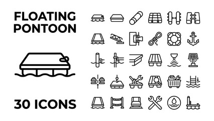 Floating Pontoon Icon Set: A comprehensive collection of 30 minimalist line icons depicting various aspects of floating pontoons and marine infrastructure.