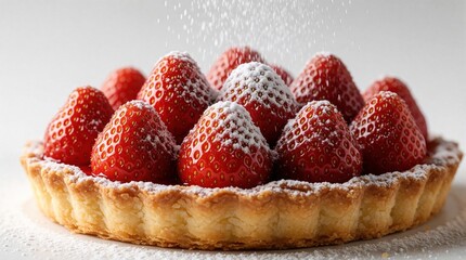 Close up of fresh strawberry tart with golden pastry crust. Red berries topped with white powdered sugar fall from above. Sweet delicious fruit dessert for bakery menu gourmet cooking. Minimalist