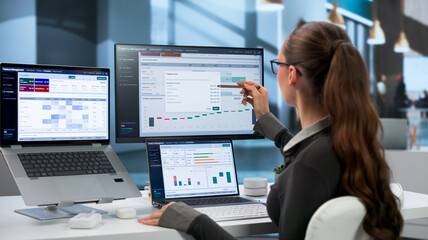 Young Woman Analyzes Cash Flow Data On Laptop