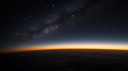 View from space shows planet horizon line with clouds below. Starry sky above with milky way and orange glow from sun. Celestial beauty in deep dark.