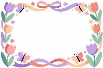 Cute spring floral border with tulips and butterflies on white background. Ribbon accents adorn pastel colored frame. Perfect for greeting cards.