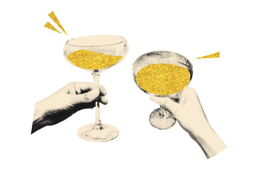 Hands holding coupe glasses filled with sparkling gold glitter drink. Vintage cut out sticker, retro halftone style illustration. Holiday cheers vector collage element on transparent background as png