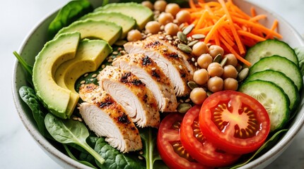 Vibrant bowl filled with fresh chicken salad ingredients. Slices of avocado sit near grilled white meat strips. Bowl holds lemon cucumber tomatoes chickpea and carrot shreds for healthy eating.