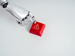 3d Robotic hand pressing a red warning control button isolated on white background with space. AI governance, automation risk, critical decisions, safety, compliance, responsible technology concept.