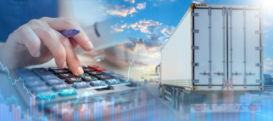 Freight transportation. Logistics finance. Specialist calculates transportation costs and analyzes shipping expenses, freight rates and commercial logistics performance.