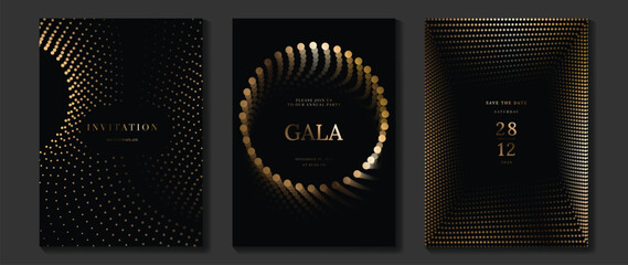Luxury wedding invitation vector templates set. Black and gold elegant event cards with geometric lines, glowing dotted circles and modern gala poster designs