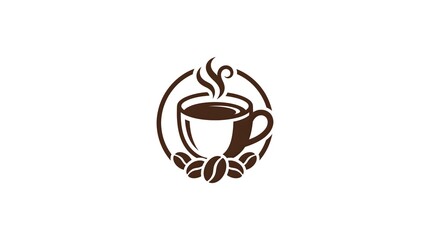 A minimalist vector logo design of a steaming coffee cup inside a circular frame surrounded by coffee beans at the bottom isolated on a white background