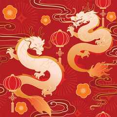 Chinese New Year vector pattern with white Chinese dragons, lanterns, clouds and floral ornaments on rich red background for festive wrapping and greeting designs.