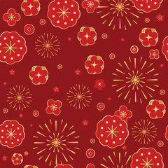 Chinese New Year vector pattern with gold floral medallions, fireworks and circular festive ornaments on dark red background for cards, wrapping and celebration designs.