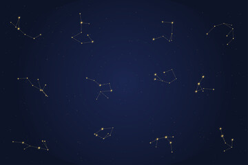 Constellations gold on navy night sky twelve star maps