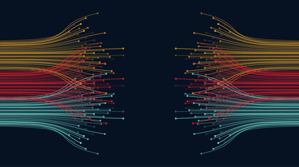 Colorful data lines spread from both sides on a dark technology background. Useful for network, transfer, speed, and digital innovation concepts.