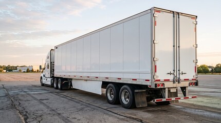 White tractor trailer parked in industrial loading yard at sunrise with closed doors