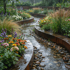 Rain garden with stone-filled water channel and colorful flower beds