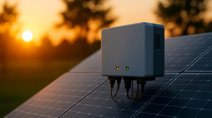 Solar Power Inverter Mounted on Photovoltaic Panels at Golden Hour Sunset