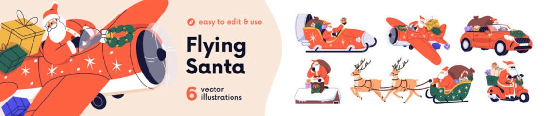 Christmas Santa on winter sleigh, car, motorbike. Santa Claus flying on magic airplane with gifts, winter sled with reindeers, motorcycle, car. Vector illustrations isolated on white background
